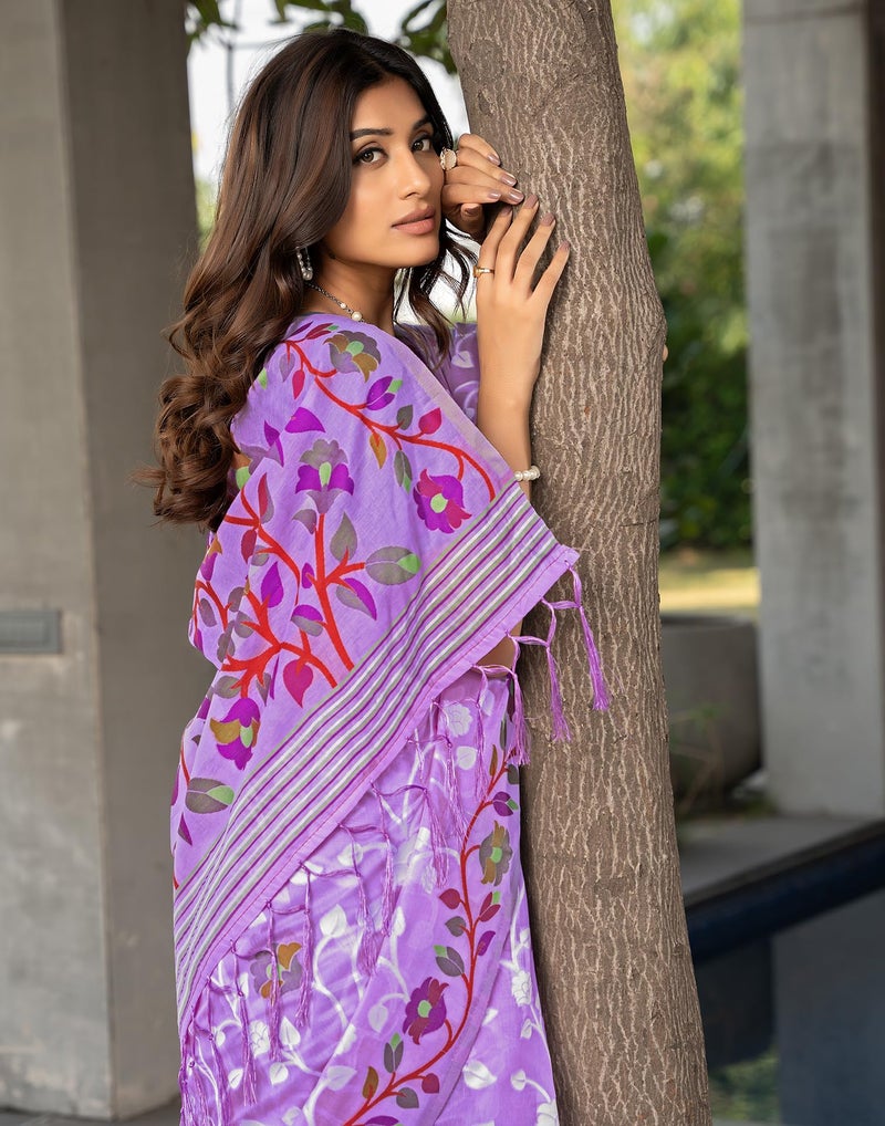 SIRIL Women's Cotton Jacquard Saree With Unstitched Blouse Piece (3417S213_Lavender) - Image 5