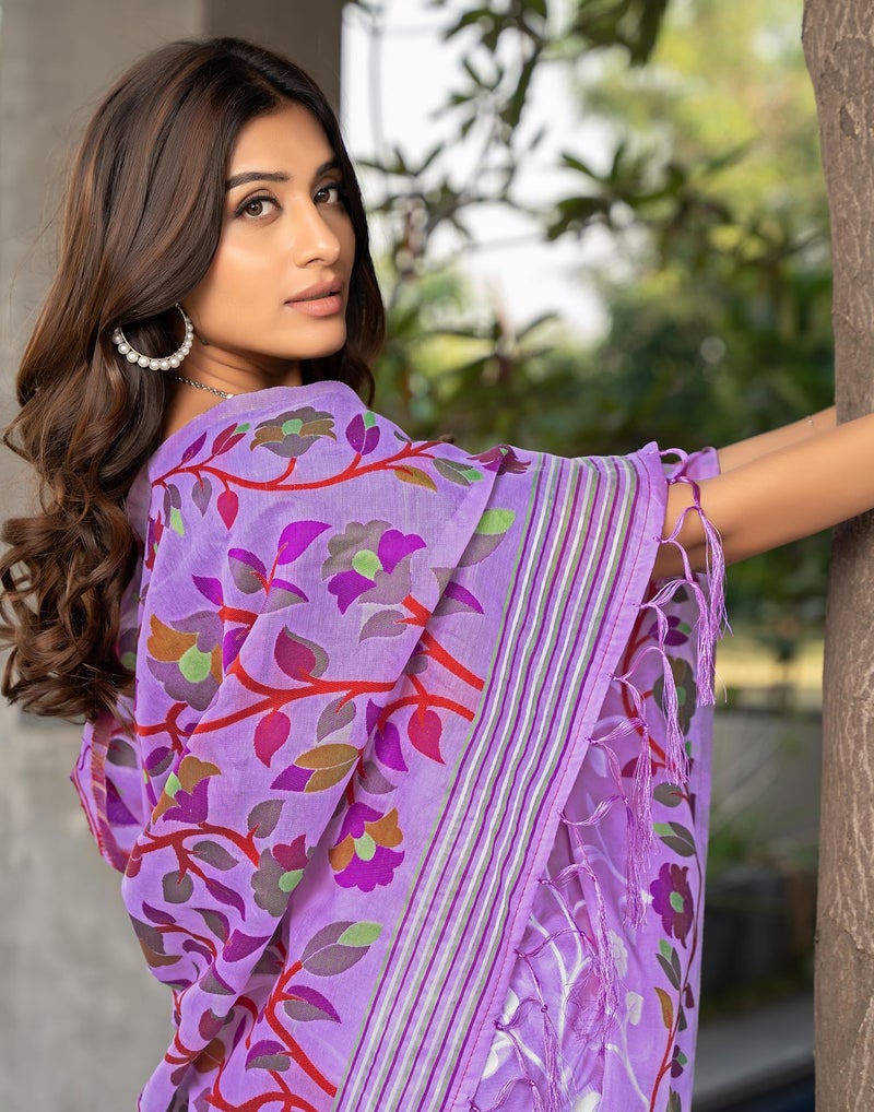SIRIL Women's Cotton Jacquard Saree With Unstitched Blouse Piece (3417S213_Lavender) - Image 3