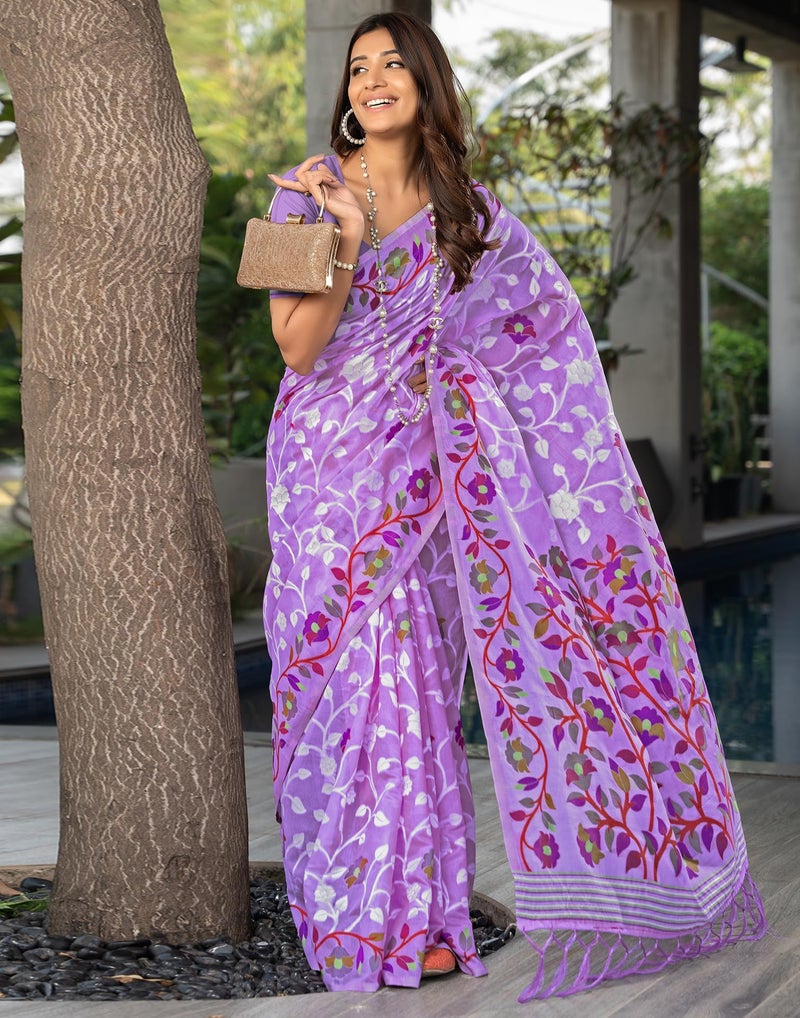 SIRIL Women's Cotton Jacquard Saree With Unstitched Blouse Piece (3417S213_Lavender) - Image 2
