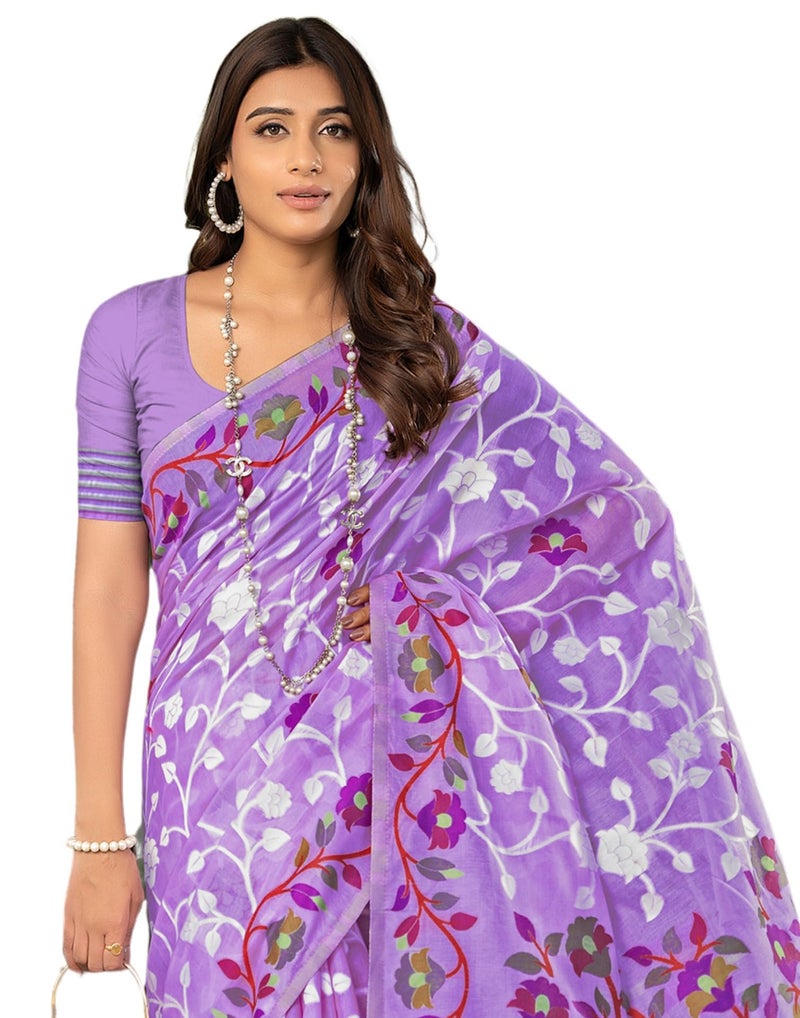 SIRIL Women's Cotton Jacquard Saree With Unstitched Blouse Piece (3417S213_Lavender) - Image 1
