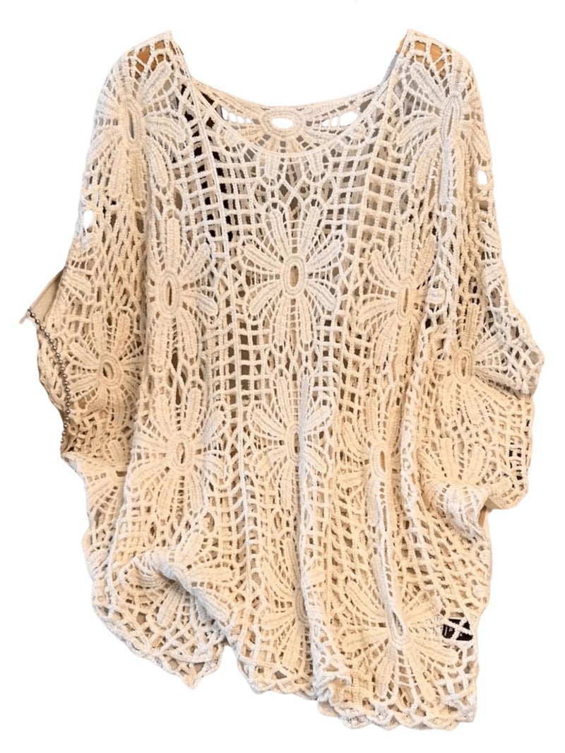 MakeMeChic Women's Plus Size Boho Tops Crochet Sweater Dolman Sleeve Beach Cover Up Plus Beige 3XL - Image 1