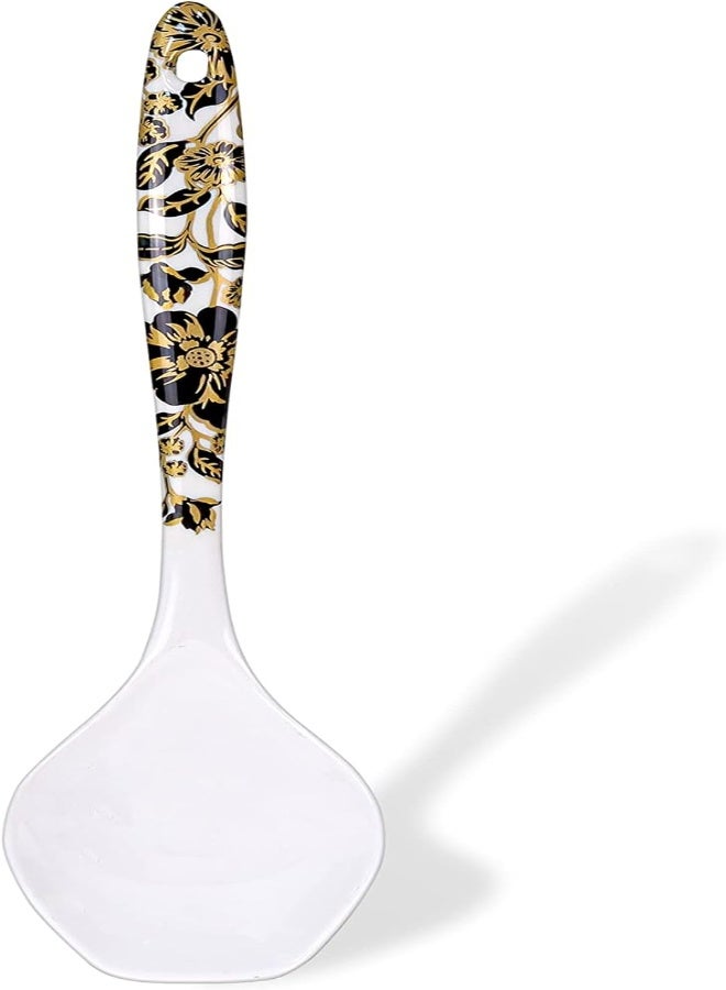 AKDC Superware Melamine Ladle 10" Black & Gold Color Flowers Orchid Design Illustration, Cooking Sauce Ladles Serving Spoon With Long Handle & Hanging Loop Kitchen Dining Cutlery/Crockery Utensil  - Image 3