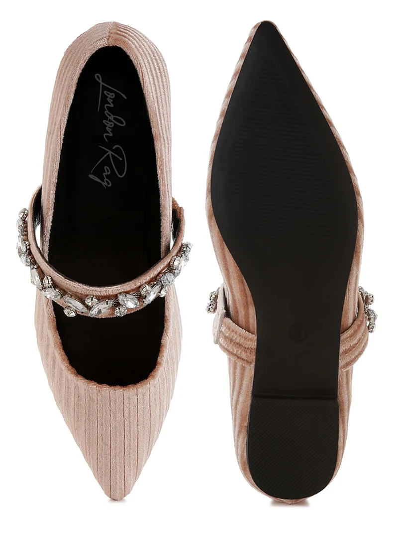 London Rag Diamante Brooch Velvet Ballerinas in Beige