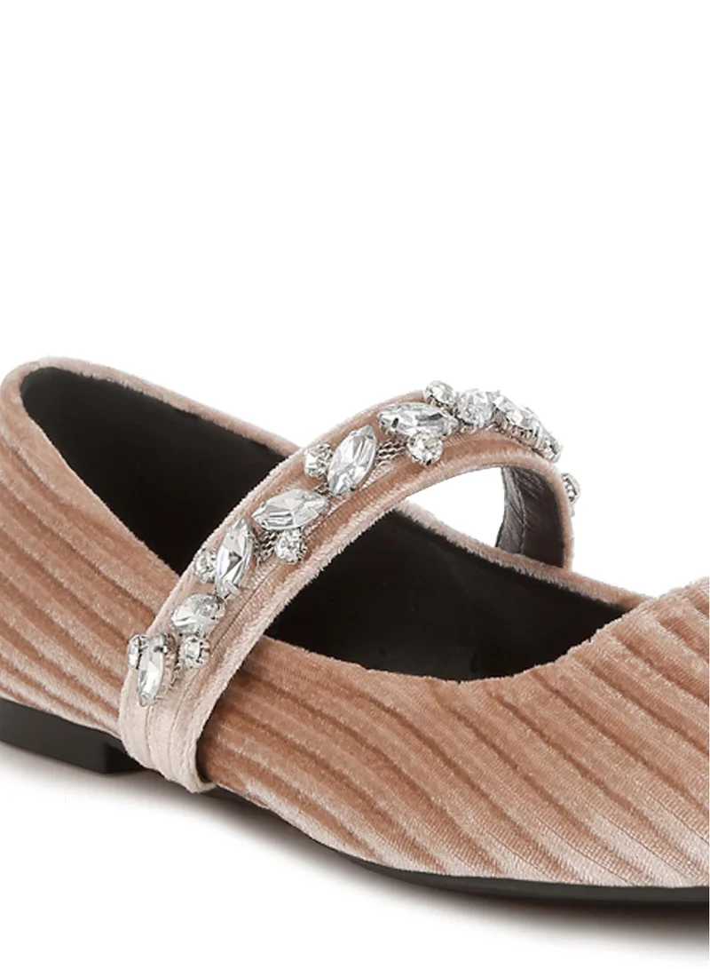 London Rag Diamante Brooch Velvet Ballerinas in Beige