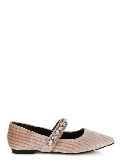 London Rag Diamante Brooch Velvet Ballerinas in Beige