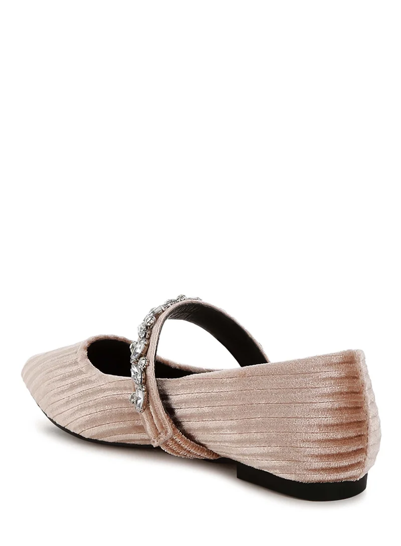 London Rag Diamante Brooch Velvet Ballerinas in Beige
