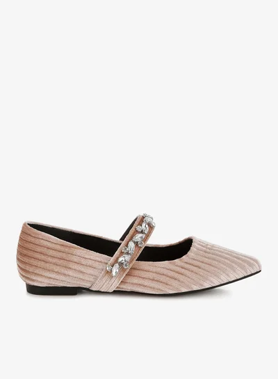 London Rag Diamante Brooch Velvet Ballerinas in Beige