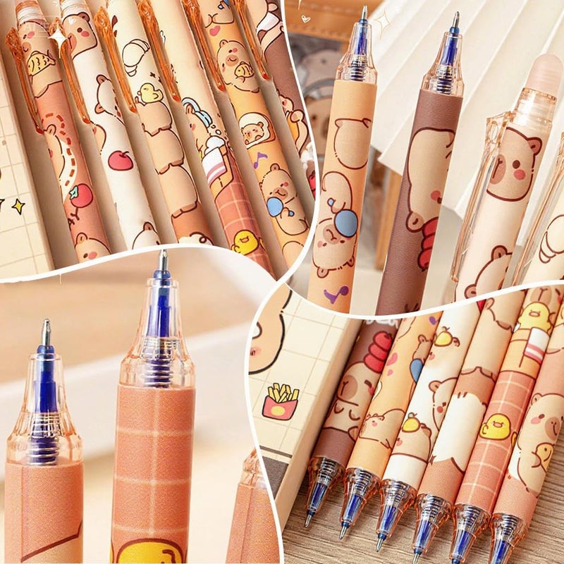 Climberty ® 6Pcs Erasable Gel Pens Click Erasable Gel Pens with Rubber Eraser Cap Blue Ink Gel Pens Cute Cartoon Capybara Student Writing Pens Office Stationeries Gift Set - Image 5
