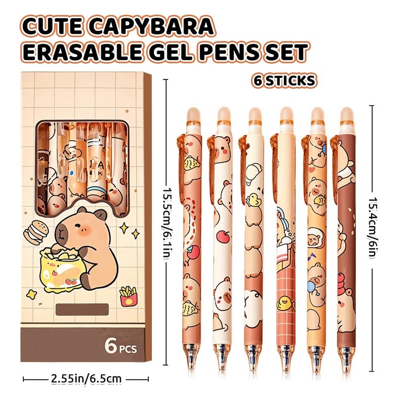 Climberty ® 6Pcs Erasable Gel Pens Click Erasable Gel Pens with Rubber Eraser Cap Blue Ink Gel Pens Cute Cartoon Capybara Student Writing Pens Office Stationeries Gift Set - Image 2