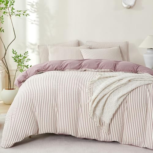BUPIRD Queen Duvet Cover Striped Purple, 100% Washed Microfiber Jacquard 3 Pieces Purple Queen Striped Bedding Sets, with Zipper Closure & Corner Ties, Lightweight Soft Comfort Breathable - Image 1