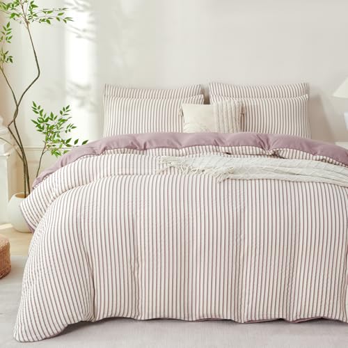 BUPIRD Queen Duvet Cover Striped Purple, 100% Washed Microfiber Jacquard 3 Pieces Purple Queen Striped Bedding Sets, with Zipper Closure & Corner Ties, Lightweight Soft Comfort Breathable - Image 4
