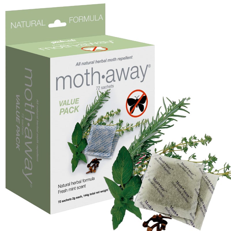 Richards Moth Away Herbal Repellent Sachets 72 Count Value Pack 100 Natural Ingredients Peppermint Rosemary Thyme NonToxic Moth Protection for Closets Drawers Storage Made in USA