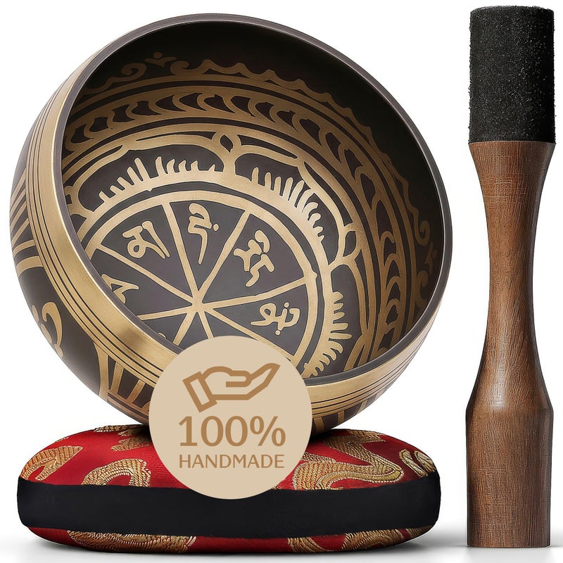 Handmade Tibetan Etched Singing Bowl Set Sound Bowl Meditation Bowl with Cushion Mallet Guide Spiritual Healing Products Meditation Sound Bath Kit Portable Sound Therapy Tool