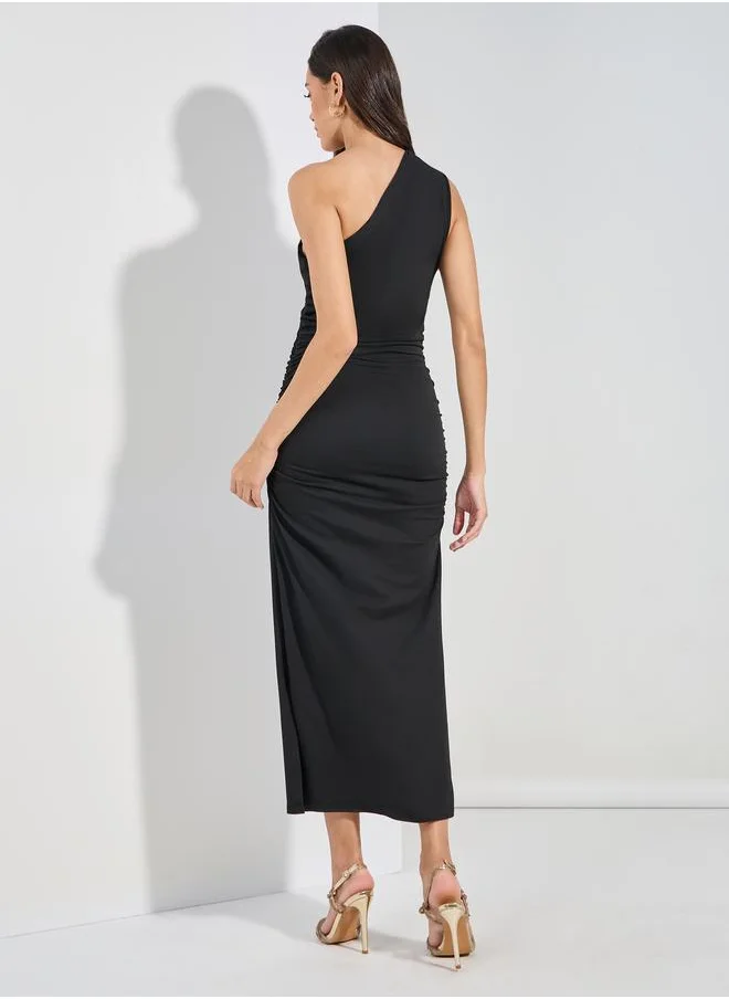 Styli One Shoulder Neck Gathered Bodycon Midi Dress