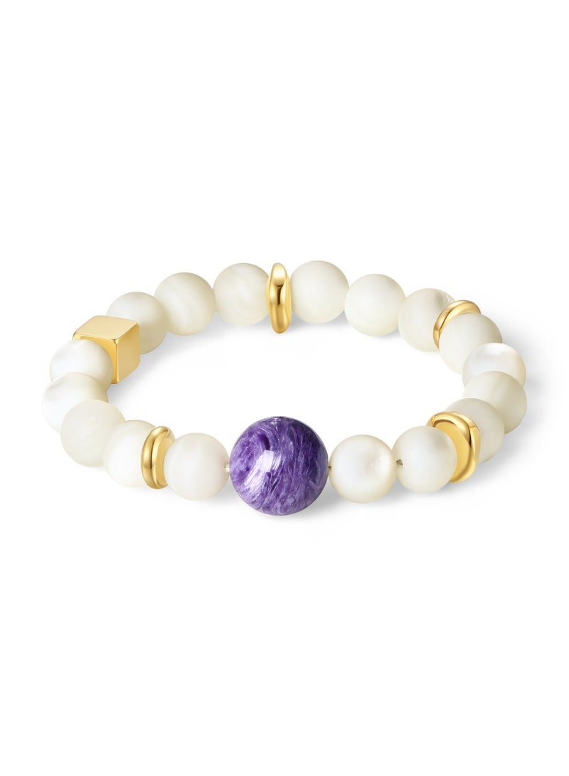 غَيْرُ مَألُوف 【معجزة الأرجوان】 سوار من شارويت الطبيعي مع صدف اللؤلؤ الأبيض وخرزات ذهبية ｜ أرجوان ملكي · فخامة وأناقة - Image 2