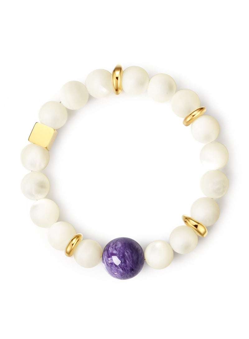 غَيْرُ مَألُوف 【معجزة الأرجوان】 سوار من شارويت الطبيعي مع صدف اللؤلؤ الأبيض وخرزات ذهبية ｜ أرجوان ملكي · فخامة وأناقة - Image 1