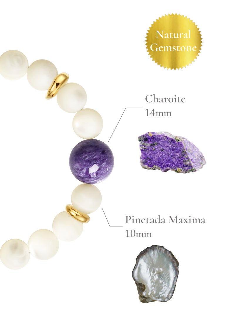 غَيْرُ مَألُوف 【معجزة الأرجوان】 سوار من شارويت الطبيعي مع صدف اللؤلؤ الأبيض وخرزات ذهبية ｜ أرجوان ملكي · فخامة وأناقة - Image 3