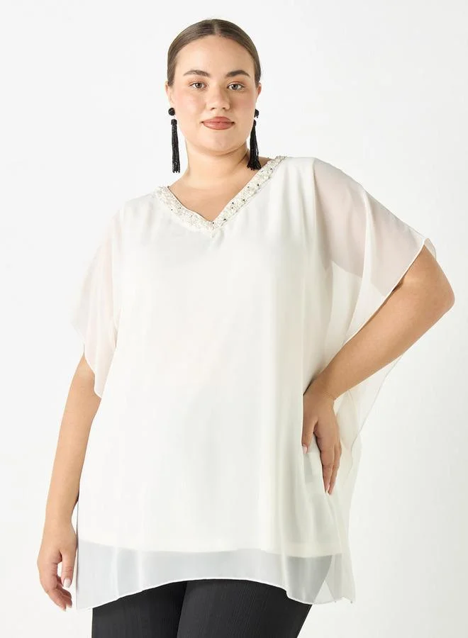 Ulla Popken Plus Size Ulla Popken Embellished V-Neck Top
