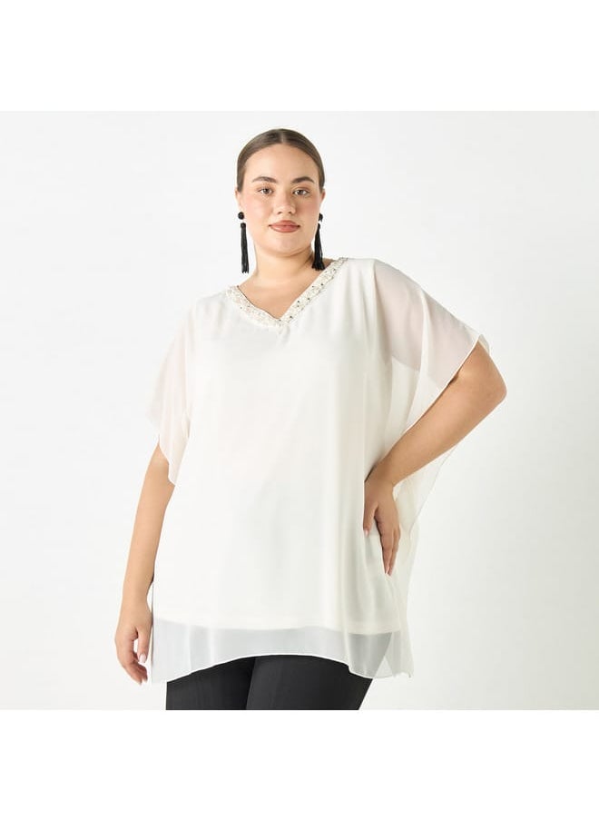 Ulla Popken Plus Size Ulla Popken Embellished V-Neck Top  - Image 1