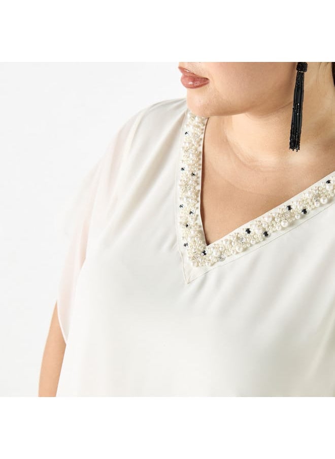 Ulla Popken Plus Size Ulla Popken Embellished V-Neck Top  - Image 4