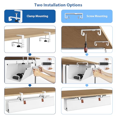 Zilink Under Desk Cable Management 30" No Drill Desk Cable Management Tray Clamp/Screw Mount Cable Tray Sturdy Waterproof Fabric Cord Organizer for Office, Home, White - Image 2