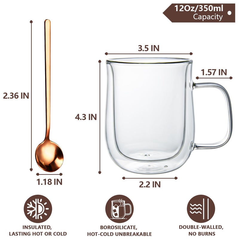 COMOME Double Walled Glass Coffee Mugs 12 oz, Glass Coffee Cups Set of 4 with Spoons, Clear Coffee Mug with Handles for Hot Beverages, Cappuccino, Latte, and Tea Bags. - Image 2