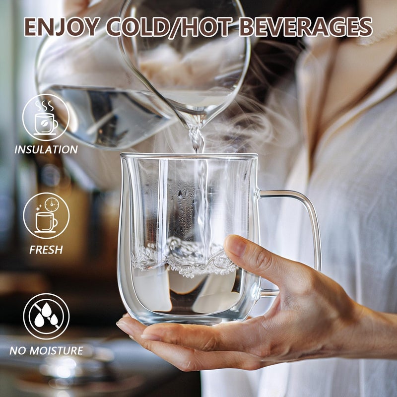 COMOME Double Walled Glass Coffee Mugs 12 oz, Glass Coffee Cups Set of 4 with Spoons, Clear Coffee Mug with Handles for Hot Beverages, Cappuccino, Latte, and Tea Bags. - Image 3