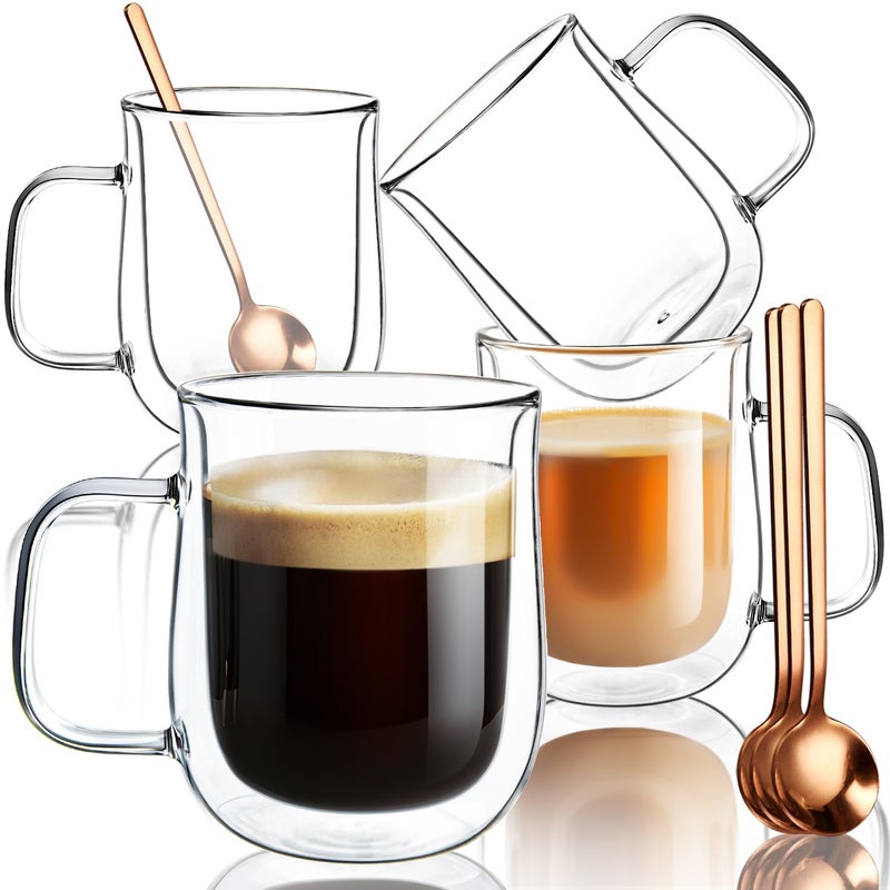 COMOME Double Walled Glass Coffee Mugs 12 oz, Glass Coffee Cups Set of 4 with Spoons, Clear Coffee Mug with Handles for Hot Beverages, Cappuccino, Latte, and Tea Bags. - Image 1