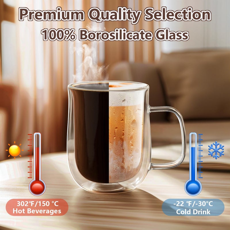 COMOME Double Walled Glass Coffee Mugs 12 oz, Glass Coffee Cups Set of 4 with Spoons, Clear Coffee Mug with Handles for Hot Beverages, Cappuccino, Latte, and Tea Bags. - Image 4