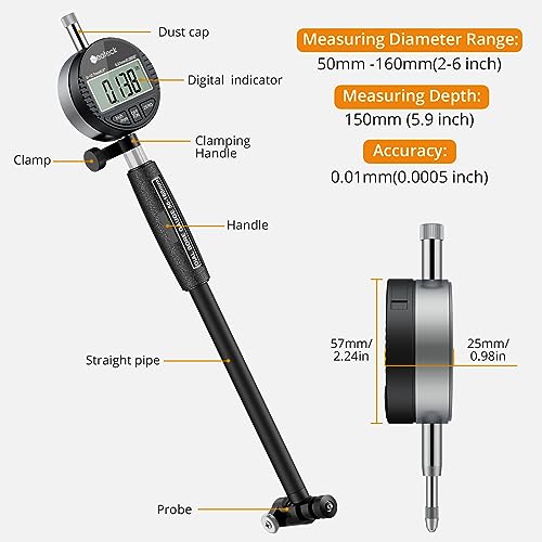 Neoteck مجموعة قياس الثقوب الرقمية من نيوتك (2-6"/0.0005") مع قرص مركزي ذاتيًا، أنفيل كربيد، مقابض معزولة لقياس أسطوانة المحرك العميقة - أسود - Image 5