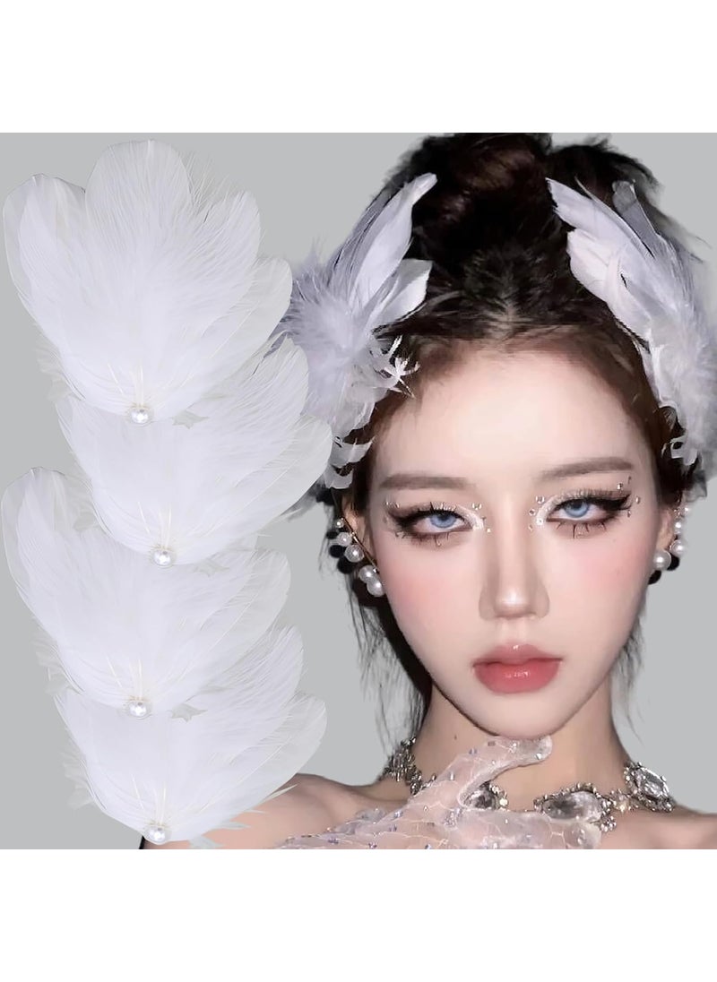 BASEMMAHER 4Pcs White Feather Hair Clip Pearl Artificial Swan Ostrich Feather Faux Hair Pins Ballet Style Hair Barrettes Accessories for Women Girls Bride Party Cosplay Dancing Costume Performance Headpiece 