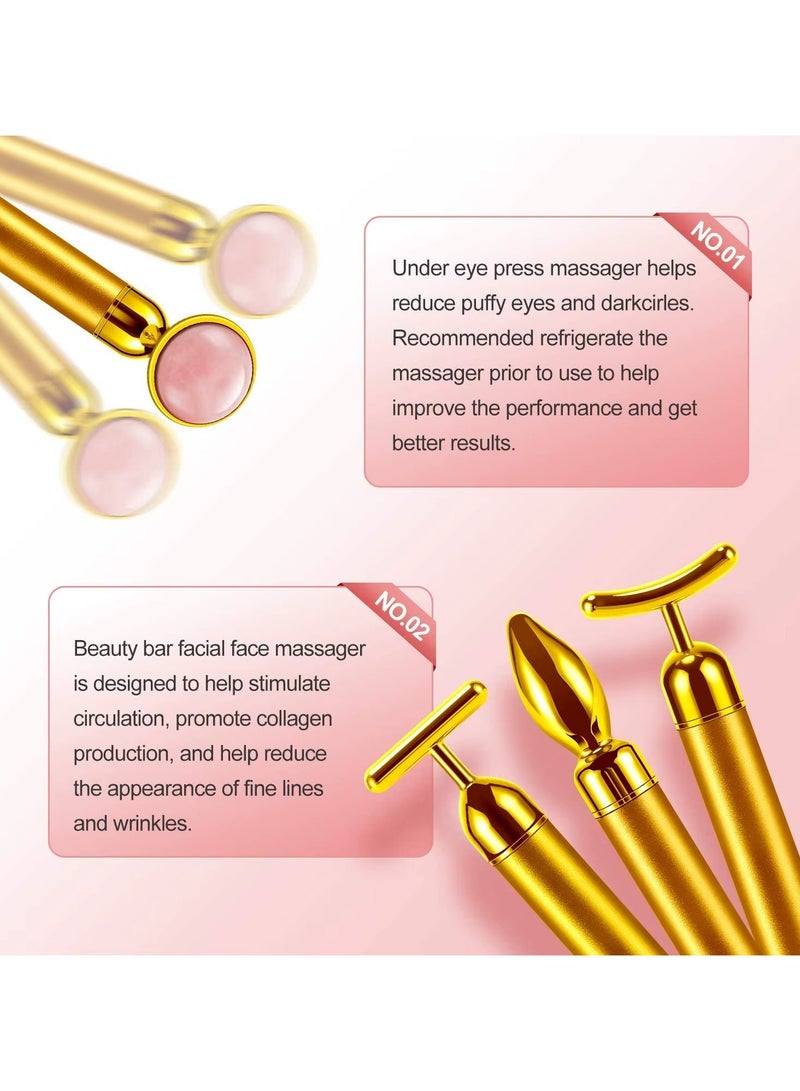 مجموعة تدليك الوجه الكهربائية 4 في 1 - بكرات ذهبية وكوارتز وردي على شكل T، جهاز اهتزازي لشد الوجه، تقليل التجاعيد والانتفاخ وتعزيز الامتصاص، هدية تجميل محمولة (وردي/ذهبي وردي) - Image 2