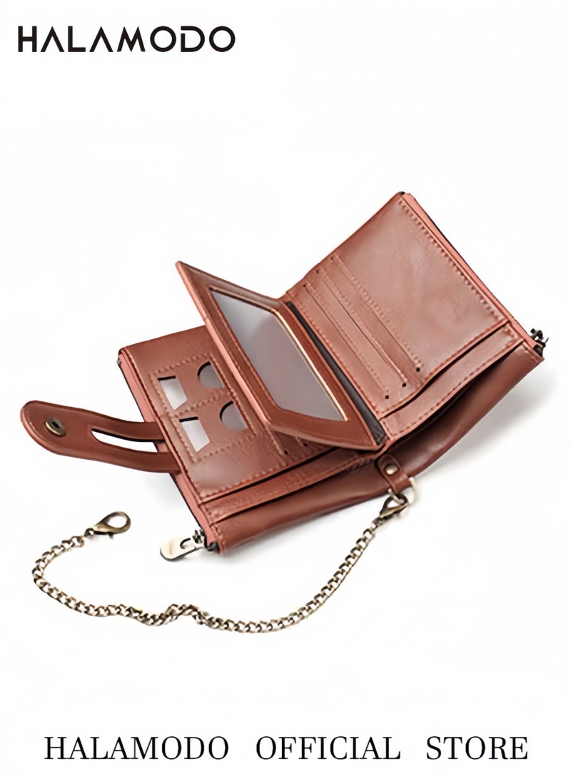 هالامودو محفظة رجالية مع سلسلة محفظة جلدية أصلية مضادة لتقنية تحديد الهوية بموجات الراديو، محفظة ثنائية الطي لراكبي الدراجات النارية، محفظة ثنائية الطي ناعمة من الجلد الأصلي مزودة بتقنية تحديد الهوية بموجات الراديو مع سلسلة مضادة للسرقة - Image 3