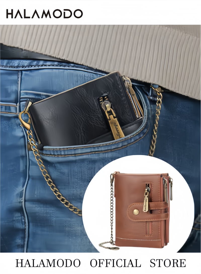 هالامودو محفظة رجالية مع سلسلة محفظة جلدية أصلية مضادة لتقنية تحديد الهوية بموجات الراديو، محفظة ثنائية الطي لراكبي الدراجات النارية، محفظة ثنائية الطي ناعمة من الجلد الأصلي مزودة بتقنية تحديد الهوية بموجات الراديو مع سلسلة مضادة للسرقة - Image 5