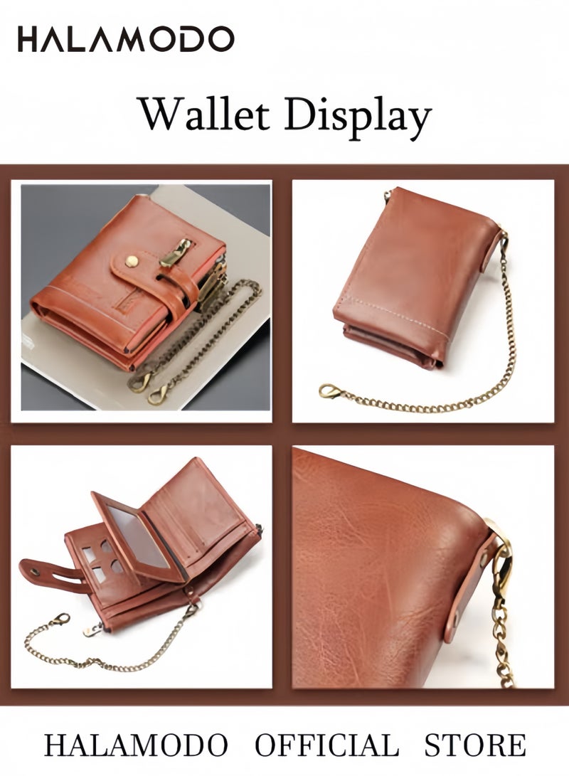 هالامودو محفظة رجالية مع سلسلة محفظة جلدية أصلية مضادة لتقنية تحديد الهوية بموجات الراديو، محفظة ثنائية الطي لراكبي الدراجات النارية، محفظة ثنائية الطي ناعمة من الجلد الأصلي مزودة بتقنية تحديد الهوية بموجات الراديو مع سلسلة مضادة للسرقة - Image 4