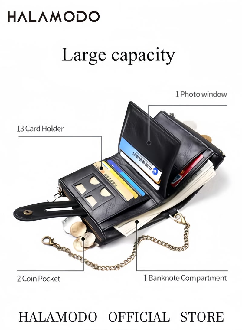 هالامودو محفظة رجالية مع سلسلة محفظة جلدية أصلية مضادة لتقنية تحديد الهوية بموجات الراديو، محفظة ثنائية الطي لراكبي الدراجات النارية، محفظة ثنائية الطي ناعمة من الجلد الأصلي مزودة بتقنية تحديد الهوية بموجات الراديو مع سلسلة مضادة للسرقة - Image 2