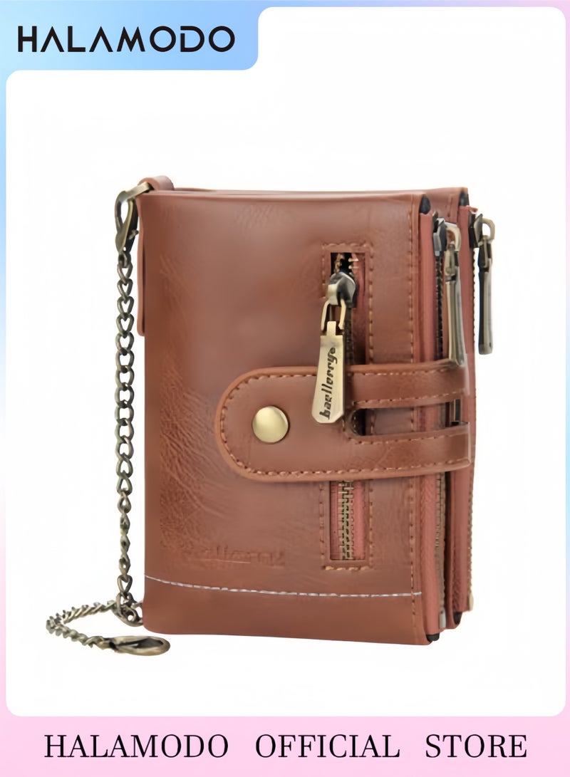 هالامودو محفظة رجالية مع سلسلة محفظة جلدية أصلية مضادة لتقنية تحديد الهوية بموجات الراديو، محفظة ثنائية الطي لراكبي الدراجات النارية، محفظة ثنائية الطي ناعمة من الجلد الأصلي مزودة بتقنية تحديد الهوية بموجات الراديو مع سلسلة مضادة للسرقة - Image 1