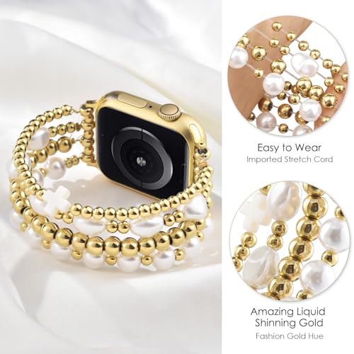 AIRSPO Gold Beaded Bracelets Compatible for Apple Watch Band 38mm 40mm 41mm 42mm 44mm 45mm 46mm Women Fashion Handmade Dressy iPhone Watch Bands Stainless Steel Beads Elastic Strap for iWatch Series 11 10 9 SE 8 7 6 5 4 3 2 1 Cross White 38mm40mm41mmS5362 - Image 3