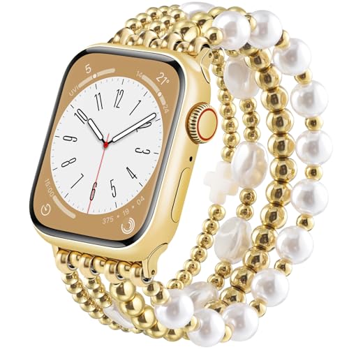 AIRSPO Gold Beaded Bracelets Compatible for Apple Watch Band 38mm 40mm 41mm 42mm 44mm 45mm 46mm Women Fashion Handmade Dressy iPhone Watch Bands Stainless Steel Beads Elastic Strap for iWatch Series 11 10 9 SE 8 7 6 5 4 3 2 1 Cross White 38mm40mm41mmS5362 - Image 1