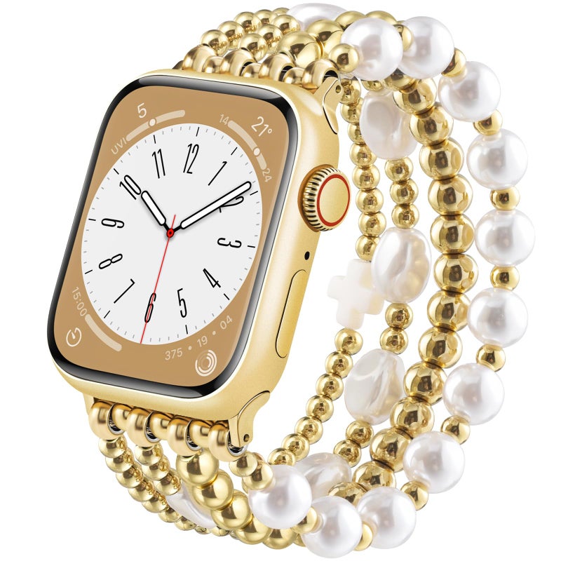 AIRSPO Gold Beaded Bracelets Compatible for Apple Watch Band 38mm 40mm 41mm 42mm 44mm 45mm 46mm Women Fashion Handmade Dressy iPhone Watch Bands Stainless Steel Beads Elastic Strap for iWatch Series 11 10 9 SE 8 7 6 5 4 3 2 1 Cross White 38mm40mm41mmS5362 - Image 2