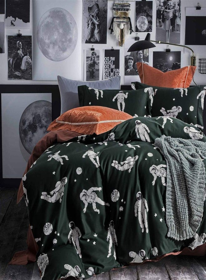MILDLY 100% Long Staple Cotton Duvet Cover Sets, 3pcs Dark Green Cosmonaut Pilot Pattern Printed Comforter Cover Set - Image 1