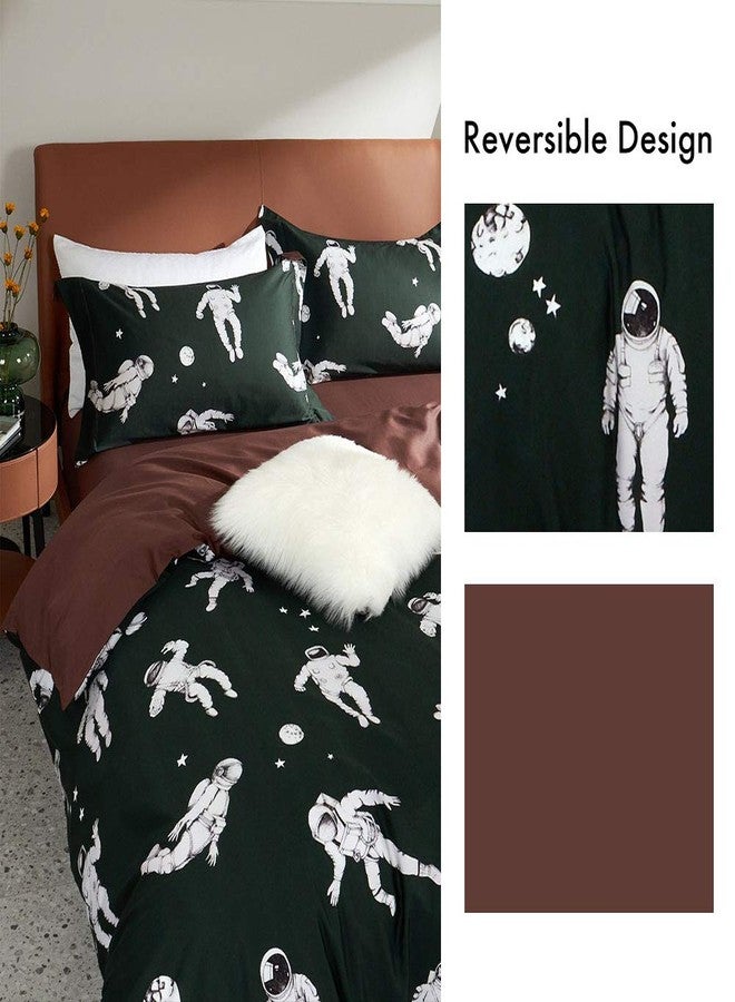 MILDLY 100% Long Staple Cotton Duvet Cover Sets, 3pcs Dark Green Cosmonaut Pilot Pattern Printed Comforter Cover Set - Image 3