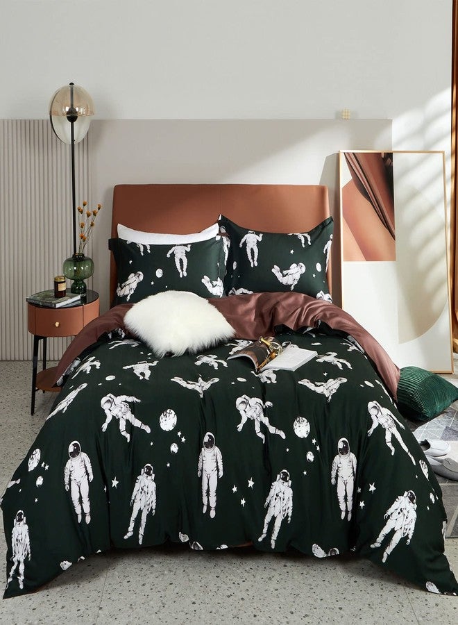 MILDLY 100% Long Staple Cotton Duvet Cover Sets, 3pcs Dark Green Cosmonaut Pilot Pattern Printed Comforter Cover Set - Image 2