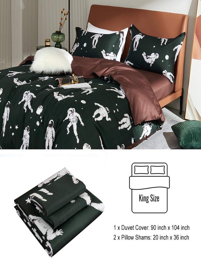 MILDLY 100% Long Staple Cotton Duvet Cover Sets, 3pcs Dark Green Cosmonaut Pilot Pattern Printed Comforter Cover Set - Image 4