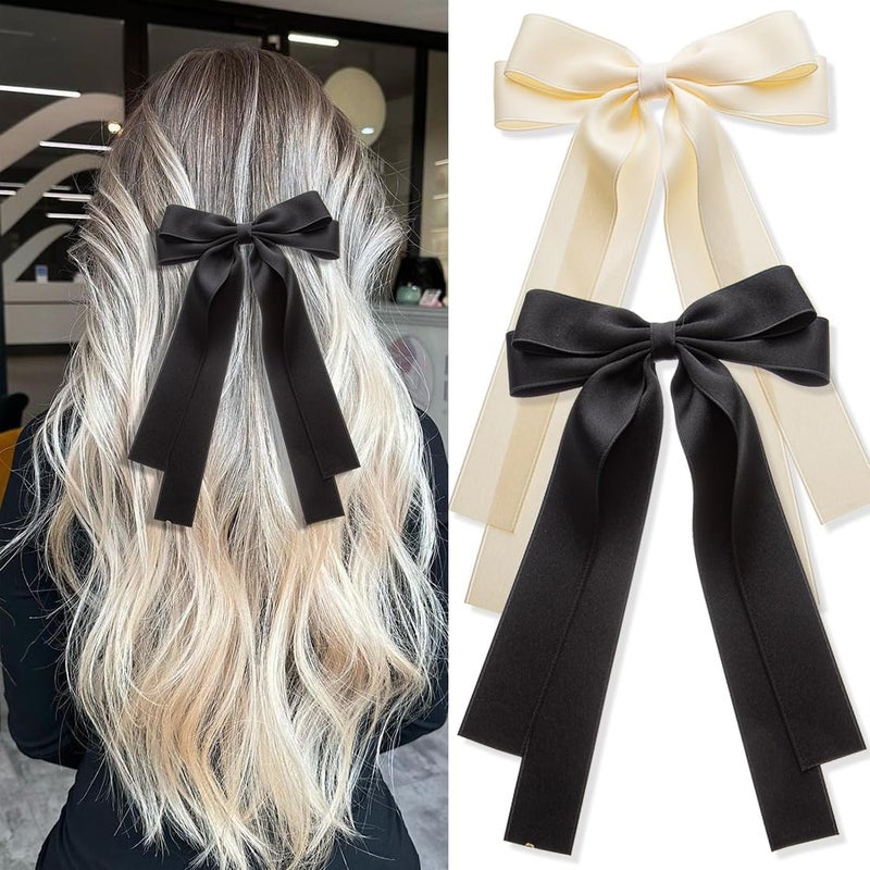 ChicAbode 2 PCS Bow Ribbons, Hair Bows, Hair Clips, Daily Wear Clips For Women And Girls(Beige Black) - Image 1