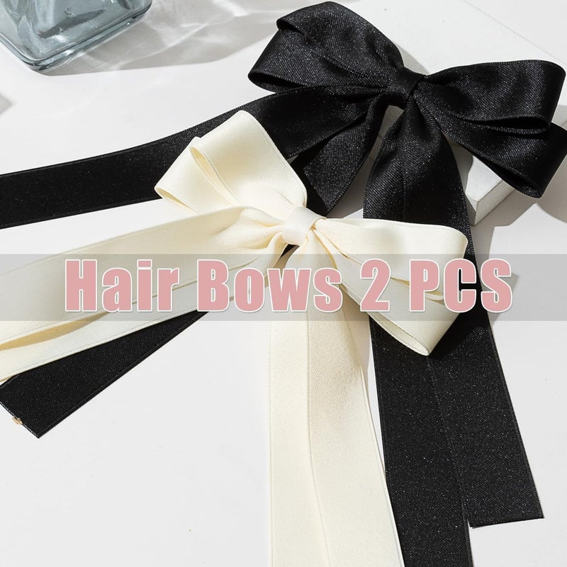 ChicAbode 2 PCS Bow Ribbons, Hair Bows, Hair Clips, Daily Wear Clips For Women And Girls(Beige Black) - Image 3