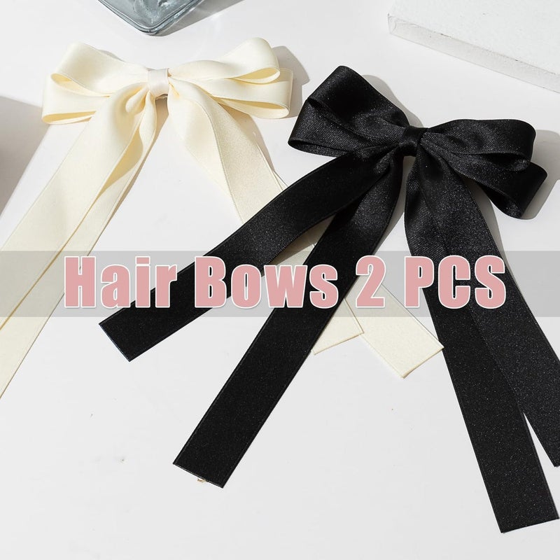 ChicAbode 2 PCS Bow Ribbons, Hair Bows, Hair Clips, Daily Wear Clips For Women And Girls(Beige Black) - Image 4