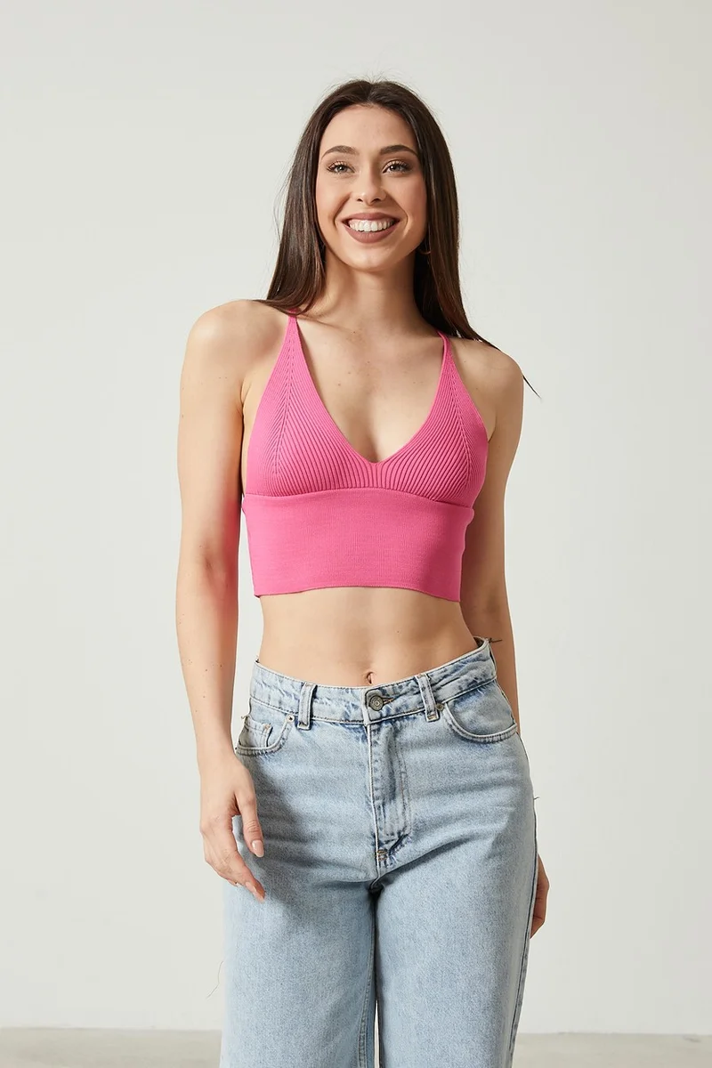 توينتي3 Women's Super Crop Back Detailed Knitwear Bustier Blouse