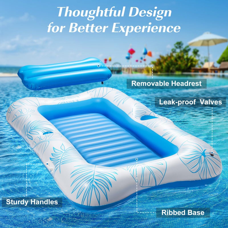 HeySplash Inflatable Pool Float for Adults, Tanning Pool Lounger with Removable Pillow & Cup Holders, Large Sunbathing Raft for Beach Vacation, Pool Floatie for Lake, River, Backyard, Blue Leaf - Image 3