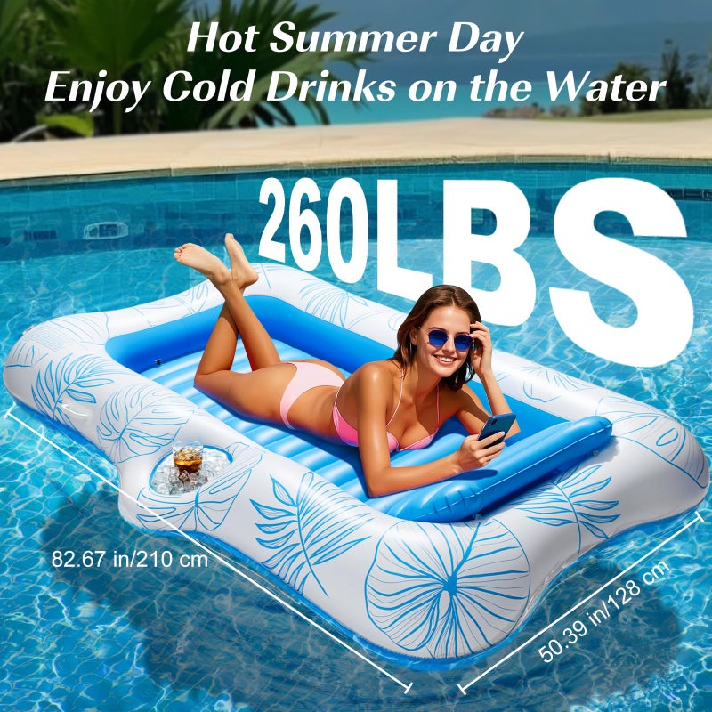 HeySplash Inflatable Pool Float for Adults, Tanning Pool Lounger with Removable Pillow & Cup Holders, Large Sunbathing Raft for Beach Vacation, Pool Floatie for Lake, River, Backyard, Blue Leaf - Image 2